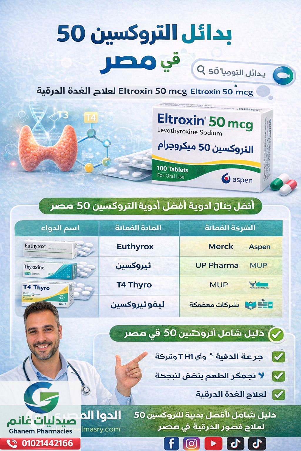 بدائل التروكسين 50 فى مصر | افضل ادوية بديلة لدواء Eltroxin 50 لعلاج الغدة الدرقية