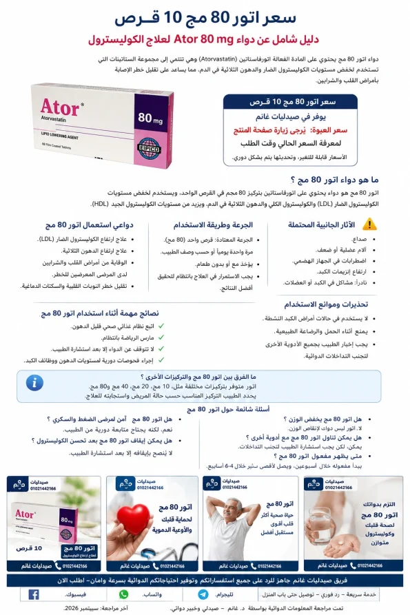 سعر أتور 80 مج 10 أقراص Ator 80 mg في مصر من صيدليات غانم