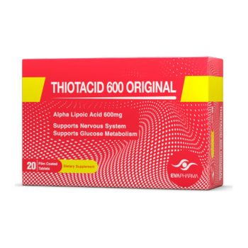 علبة ثيوتاسيد 600 أورجينال ألفا ليبويك أسيد 600 مجم 20 قرصًا من إيفا فارما Thiotacid